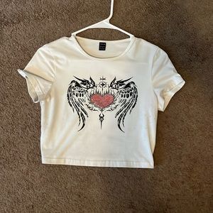 White sparkling winged heart crop top